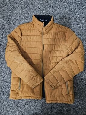 Nautica Puffer Jacket Men’s Medium Tan Brown Full Zip Lightweight Quilted Coat